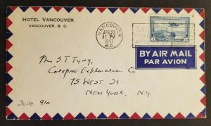 1941 Vancouver BC Canada to New York Hotel Vancouver Air Mail Advertising Cover