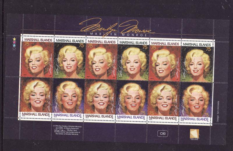 Marshall Is.-Sc#592-Unused NH sheet-Marilyn Monroe-1995-Actress-