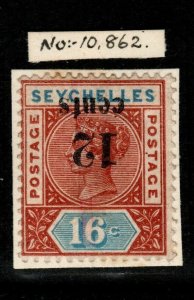 SEYCHELLES SG16a 1893 12c on 16c CHESTNUT & BLUE SURCH INVERTED (CERT) MTD MINT