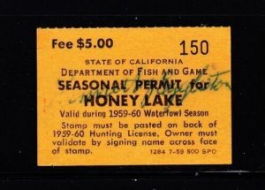 State Revenue California 1959-60 $5 Honey Lake Duck Hunting Stamp RARE VF Signed