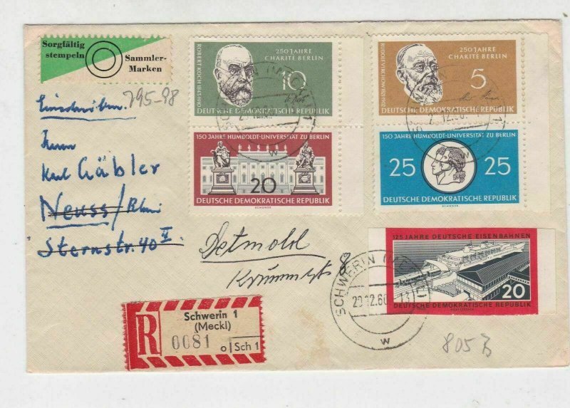 DDR 1960 Regd Schwerin 1 Cancels Special Mark Celebratary Stamps Cover Ref 30200