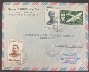 1950s Antananarivo Madagascar Commercial Airmail Cover To Detroit MI Usa