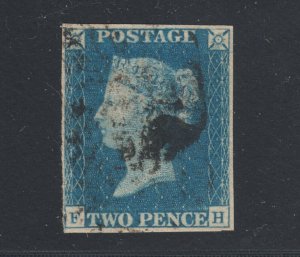 Great Britain Sc 2 used. 1840 2p blue QV, 4 margins, black cancel, sound, F-VF.