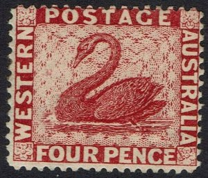 WESTERN AUSTRALIA 1882 SWAN 4D WMK CROWN CA CROWN TO LEFT PERF 14 