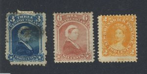 3x Victoria Newf. & New Brunswick Stamps #34-3c U #35-6c MH N.B.#9 MNG GV=$72.50