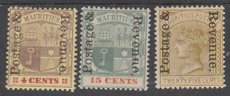 MAURITIUS 1902 QV ARMS POSTAGE AND REVENUE OVEPRINTED 4C 15C AND 25C