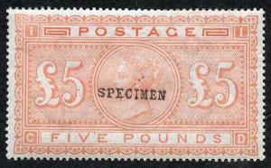 SG133 Five Pound Orange on Blued Paper U/M opt Specimen Cat pounds