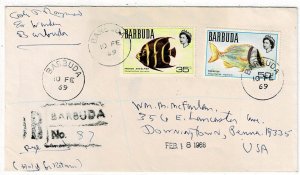 Barbuda 1969 registered cover to the U.S., SG 22-23