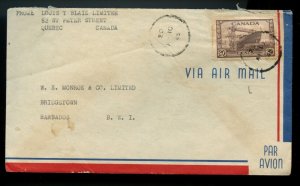 ?BLACKOUT 1945 to BARBADOS, BWI scarce 20c @2x10c 1/4oz war Issue cover Canada