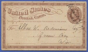 1873 Scott UX3/S2 SP29 1c Liberty postal card, Ms cancel to Green Bay WI VF