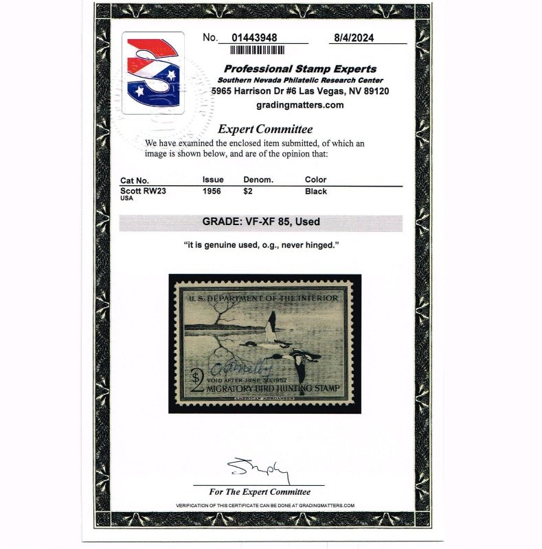 EXCELLENT GENUINE SCOTT #RW23 MINT PRISTINE OG NH PSE CERT GRADED VF-XF 85