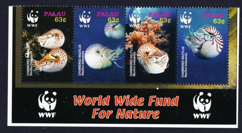 Palau WWF Chambered Nautilus Bottom Strip of 4v with WWF Logo SG#2153-2156