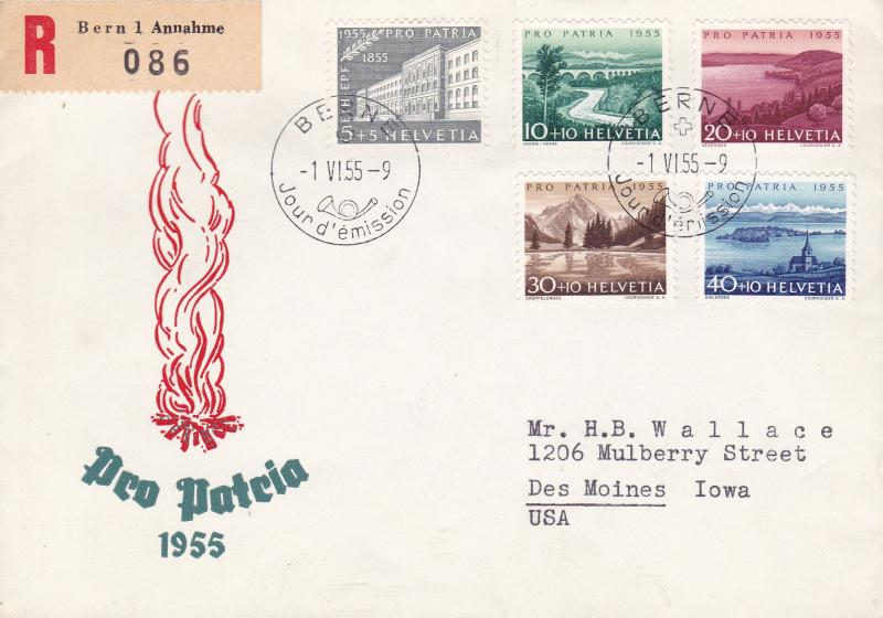 Switzerland 1955 Pro-Patria Semi-Postals (5) FDC Registered to USA French Cancel