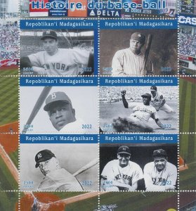 MADAGASCAR - 2022 - History of Baseball - Perf 6v Sheet - Mint Never Hinged