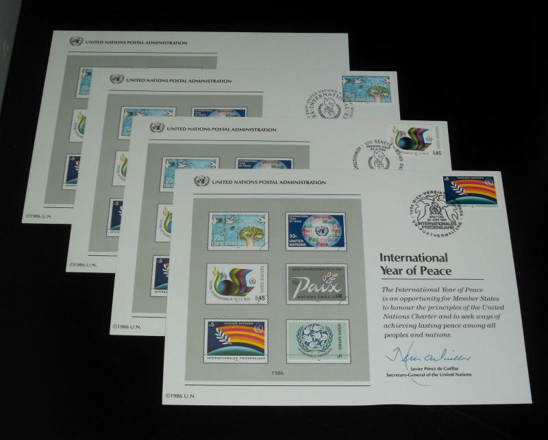  U.N.#SC30, 1986 ,INTL. PEACE YEAR,COMPLETE SET/ 4 SOUVENIR CARDS NICE! LQQK!