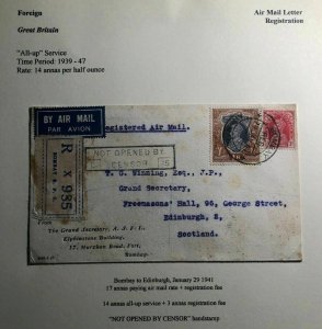 1941 Bombay India Airmail NOT Censored Cover To Edinburgh Scotland