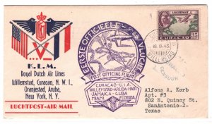 CURACAO Air Mail Cover KLM FIRST FLIGHT? USA San Antonio CENSOR WW2 1943 MA246