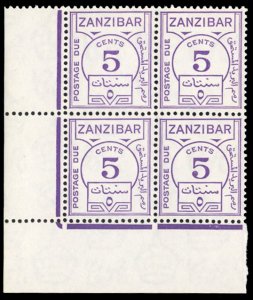 Zanzibar #J18 Cat$34, 1936 5c violet, corner margin block of four, never hinged
