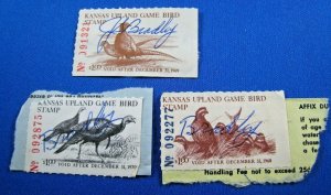 KANSAS UPLAND GAME BIRD STAMPS - LOT OF 3 USED AND SIGNED 1968, 69 ,70  (stp77)