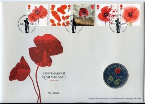 2019 Remembrance £5 Coin in Royal Mail First Day Cover