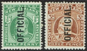 NEW ZEALAND 1910 KEVII OFFICIAL ½D AND 3D PERF 14 X 14½