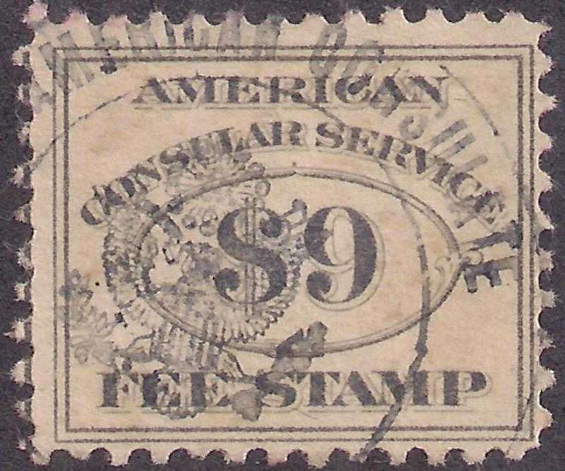 $9 CONSULAR SERVICE FEE ISSUE #RK20 used Bold strike American Consulate cnl F-VF