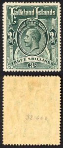 Falkland Island SG66 KGV 3/- Slate-green wmk Mult Crown CA M/Mint