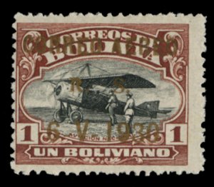 Bolivia #C18 Cat$350, 1930 1b red brown and black, gold overprint, hined, sig...