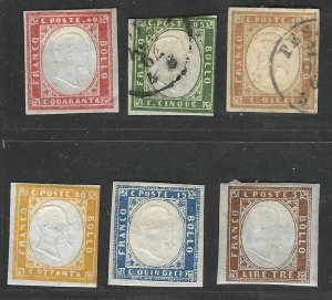 ITALY SARDINIA 1853-1863 SCOTT # 10, 11, 12, 13 & 15 THE 3 LIRE HAS GUM TWO USED