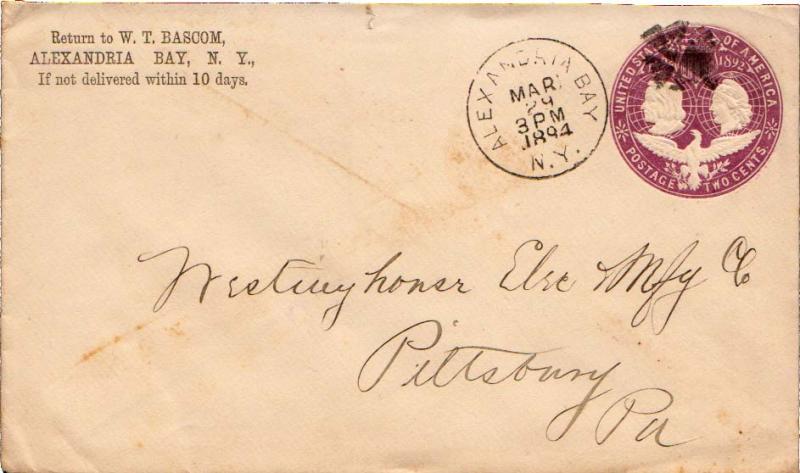 United States New York Alexandria Bay 1894 cork killer  2c Columbian Envelope.