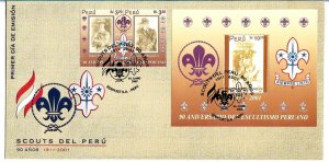 PERU 2002 SCOUTS OF PERU 90 YEARS EMBLEMS SS + PAIR ON FIRST DAY COVER FDC VF/XF