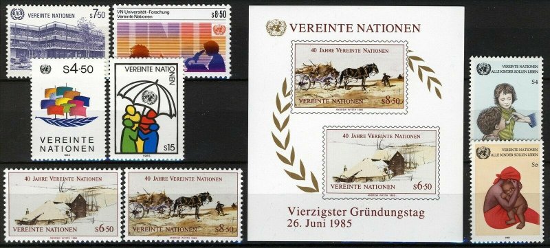 UN Vienna 1985, Complete run one year VF MNH, Mi 47-54, Bl 2