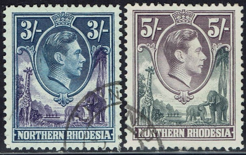 NORTHERN RHODESIA 1938 KGVI GIRAFFE AND ELEPHANTS 3/- AND 5/- USED