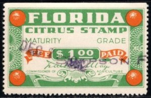 1935 US Local Revenue Florida $1.00 Citrus Stamp Maturity Grade Tax Used