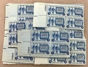 963   American Youth Month.  25 MNH 3 cent Plate blocks. FV $3.00 Issued in 1948