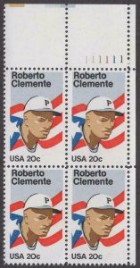 Scott # 2097 - US Plate Block Of 4 - Roberto Clemente - MNH - 1984