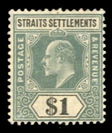 Straits Settlements #123 Cat$75, 1904 $1 green and black, lightly hinged