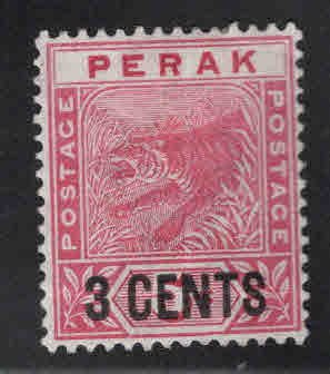 MALAYA Perak Scott 46 MH*  surcharged  tiger stamp from 1895 horizontal crease