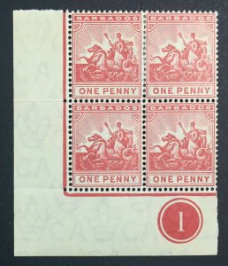 MOMEN: BARBADOS SG #165 1909-10 BLOCK MINT OG 2NH/2H(TOP) LOT #61141