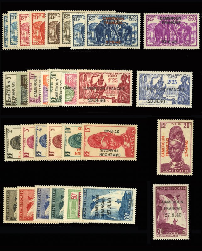 French Colonies, Cameroon #255-281 Cat$504, 1940 Cameroun Francais overprints...