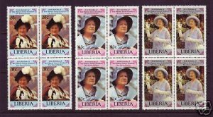 Liberia Sc 1037-1039 MNH. 1985 Queen Mum's Birthday, Blocks of 4, VF