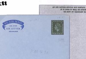 K88 GB PRIVATE AIR LETTER STATIONERY 1960s QEII 9d Die STO Air Mail Cover Unused