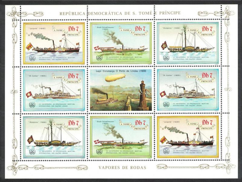 Sao Tome Ships Steamers Zeppelin Sheetlet of 8v SC#754
