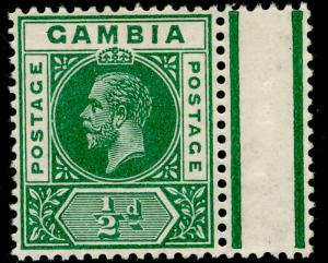 GAMBIA SG86, ½d deep green, LH MINT. WMK MULT CA. MARGINAL PIECE.