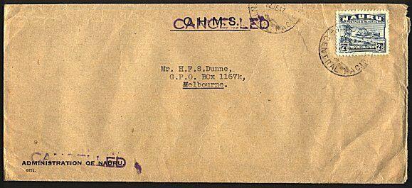 NAURU 1947 2½ freighter on 'CANCELLED' OHMS cover to Melbourne.............93155