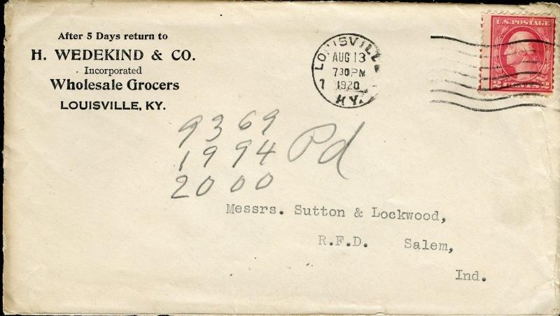 US LOUISVILLE, KY 8/13/1920 2C RATE COVER TO SALEM, IN KENTUCKY FAIR AS SHOWN