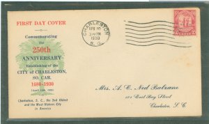 US 683 1930 2c Charleston, SC/250th anniversary (single) on an addressed (typed) first day cover with an unknown cachet maker.