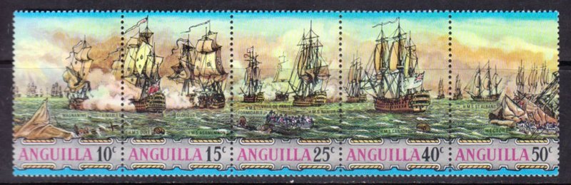 ANGUILLA - 1971 WEST INDIES SEA BATTLES / SAILING SHIPS - SE-TENANT 5V STRIP MNH
