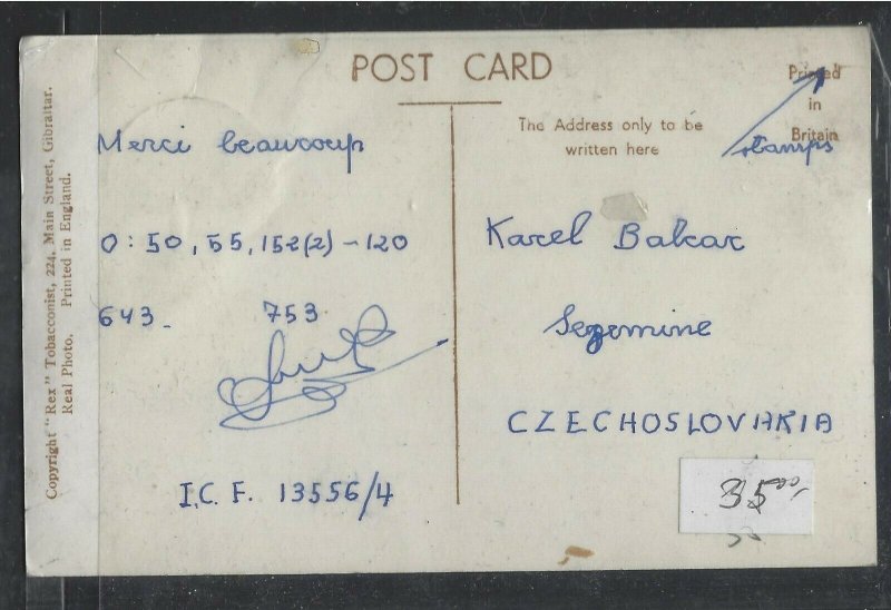 GIBRALTAR COVER (P1904B) KGVI 1 1/2D ROCK PPC TO CZECHOSLOVAKIA