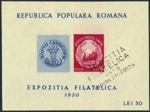 Romania B425, CTO. Michel A1195 Bl.39. PhilEXPO Bucharest-1950.
